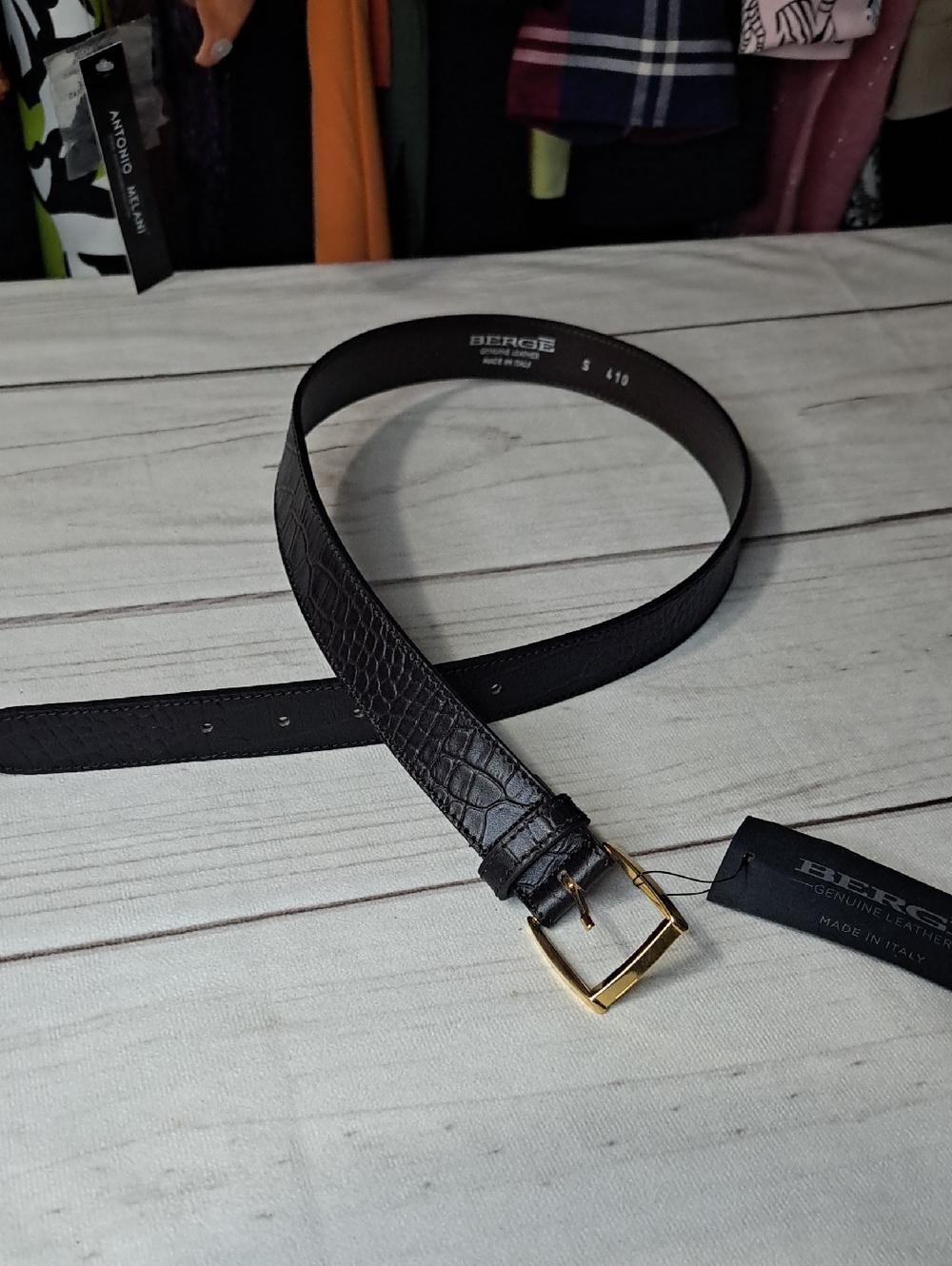 Berge Men's Dark Brown Croc-Embossed Leather Belt with Gold Tone Buckle